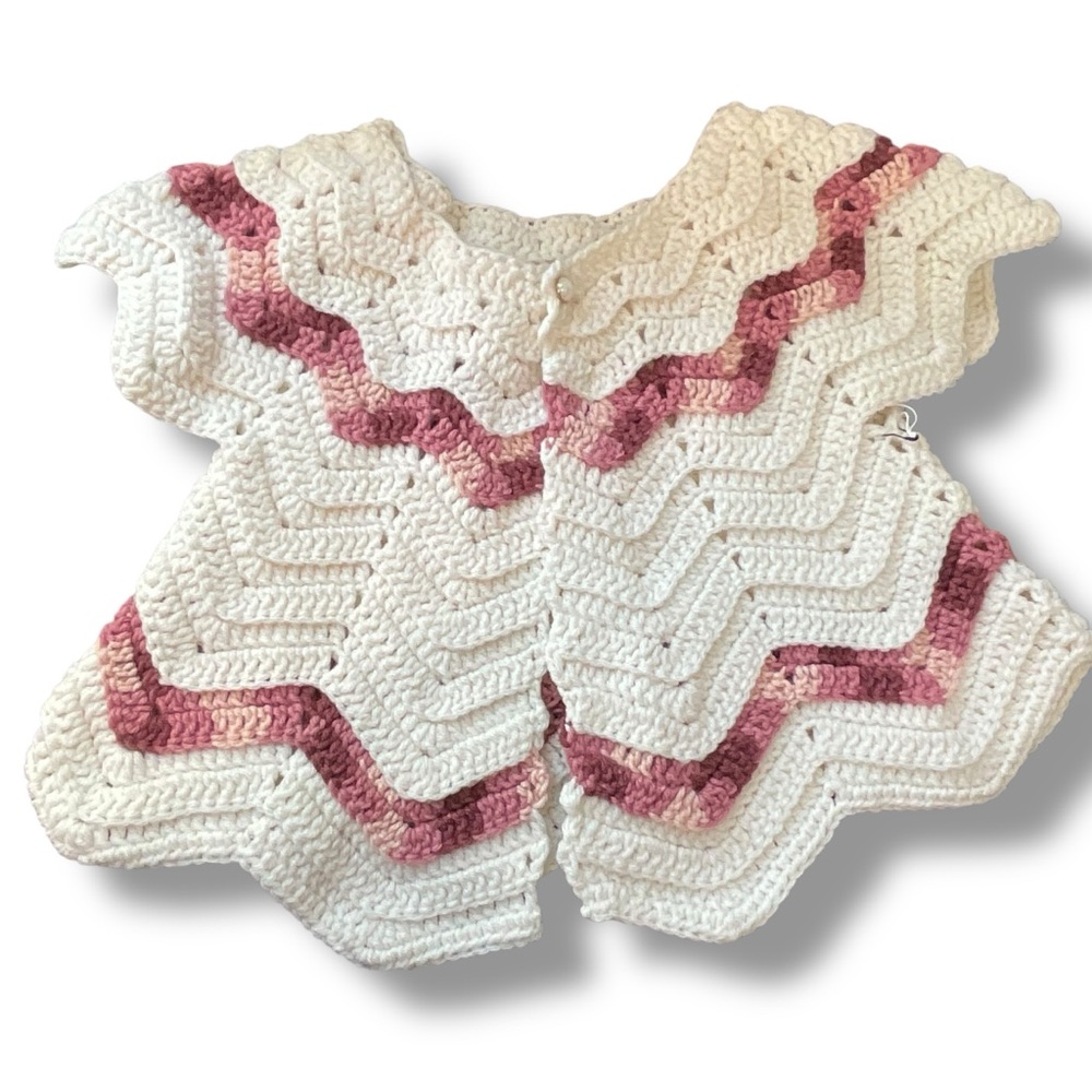 Our Two Acres Sweater Pink White Baby‎ Hand Knit Cardigan Size Large 
12-18 Mos.